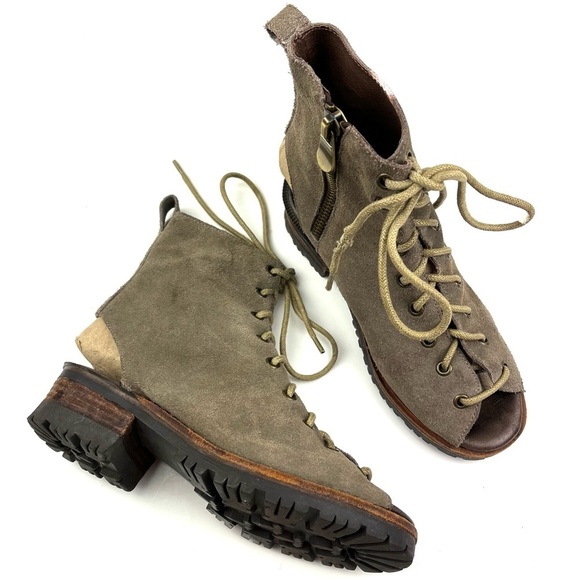 Jeffrey Campbell Shoes - 𝅺Jeffrey Campbell peep toe lace up lug sole taupe suede booties size 8